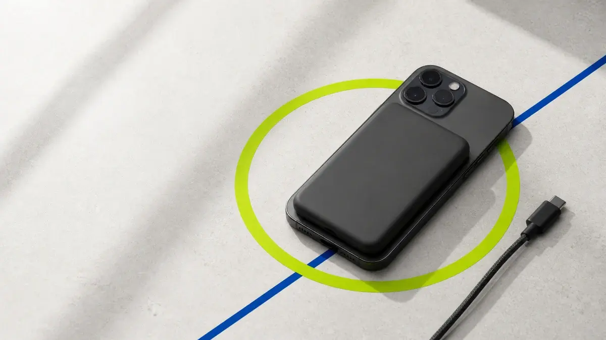 Magnetisk powerbank festet til en mobil over en markert grønn ladering
