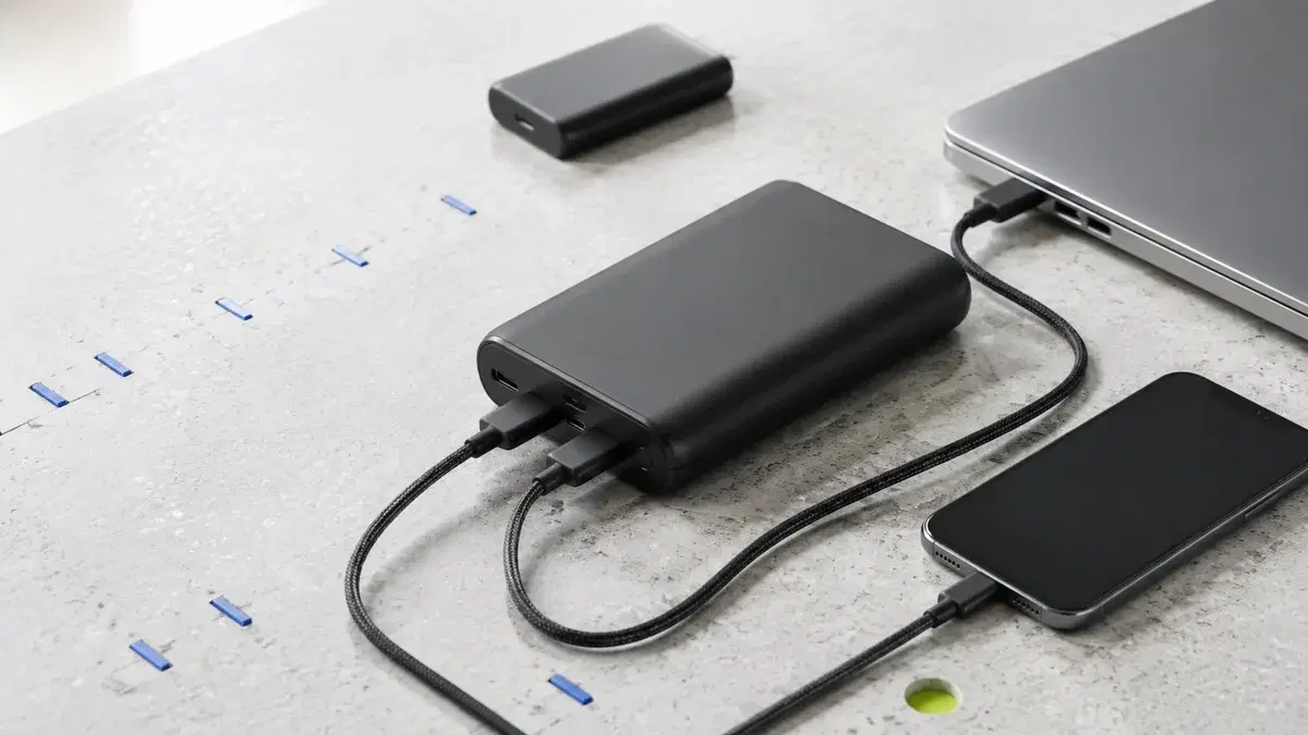 Stor nøytral powerbank som lader mobil og bærbar PC med separate USB-C-kabler