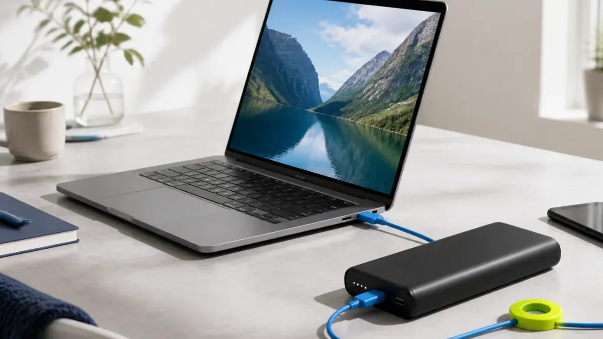 Svart powerbank koblet til laptop og mobil med blå USB-C-kabler