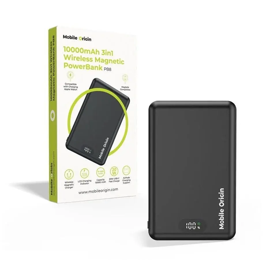 Mobile Origin PB8 magnetisk 3-i-1-powerbank med LED-skjerm