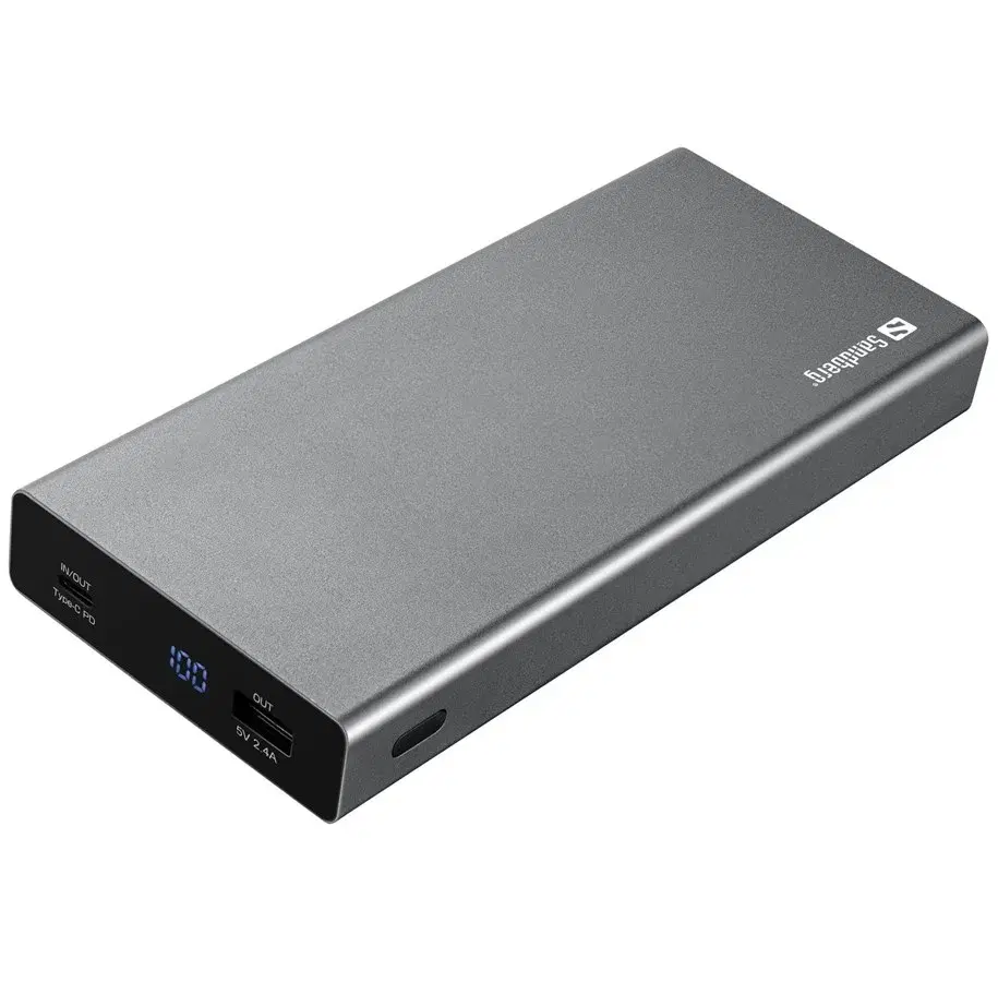 Svart Sandberg powerbank med skjerm, USB-C og USB-A