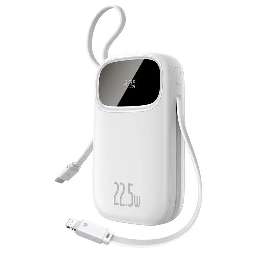 Hvit Baseus EnerFill FC31 powerbank på 20 000 mAh med innebygde kabler