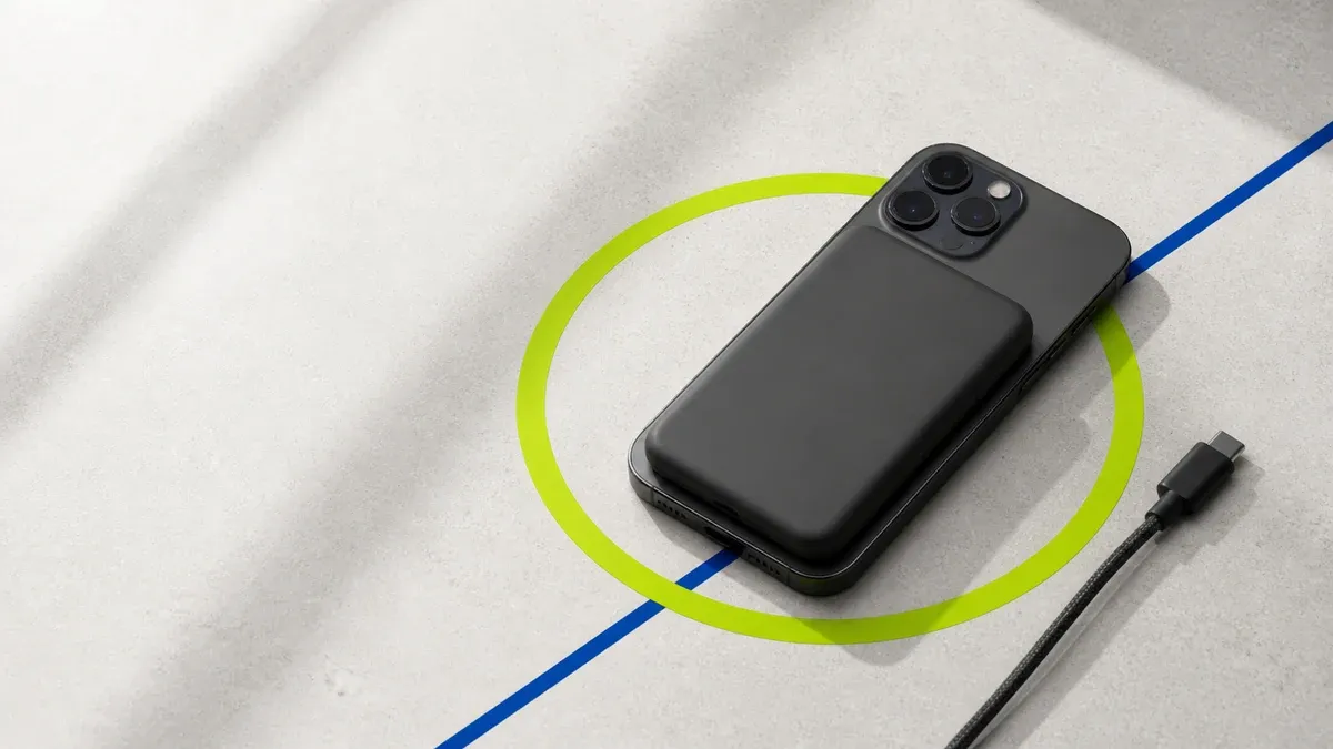 Magnetisk powerbank festet til en mobil over en markert grønn ladering