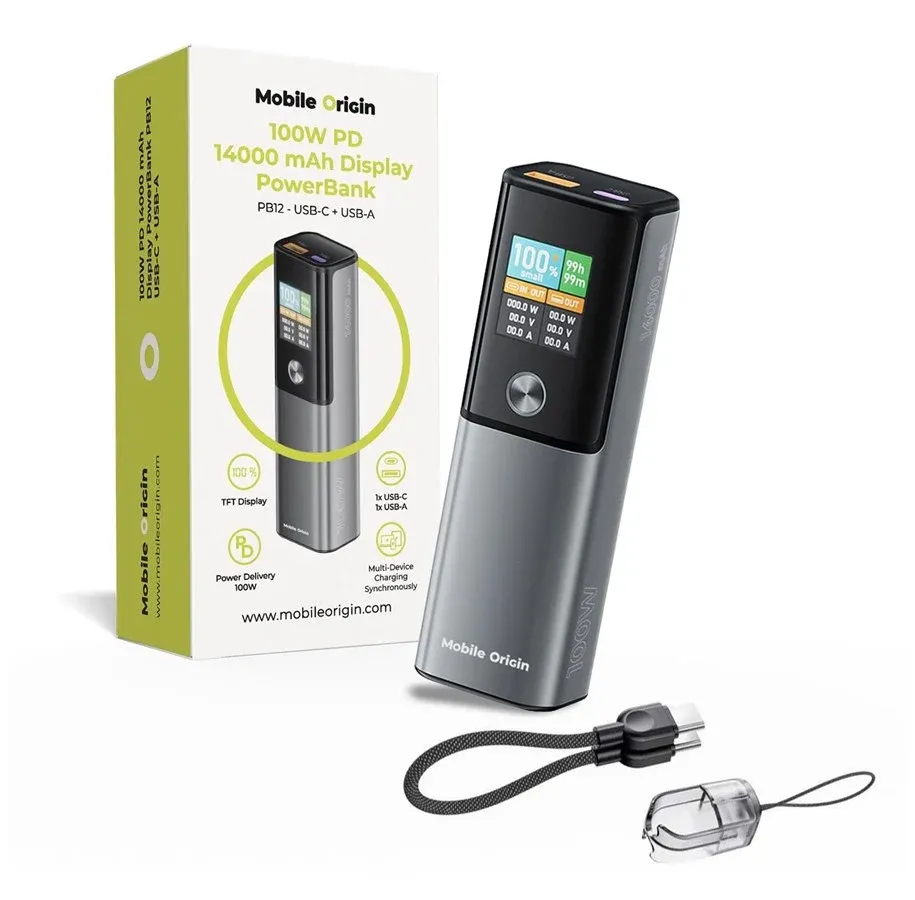 Mobile Origin PB12 powerbank med TFT-skjerm og USB-C-port