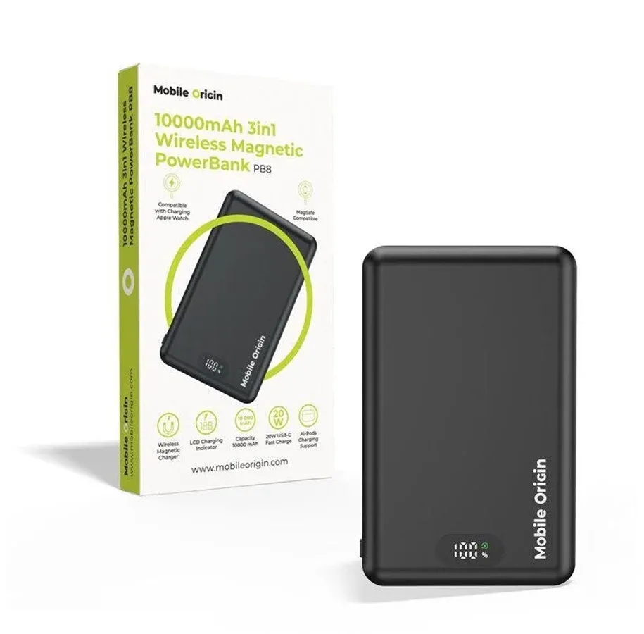 Mobile Origin PB8 magnetisk 3-i-1-powerbank med LED-skjerm