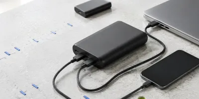 Stor nøytral powerbank som lader mobil og bærbar PC med separate USB-C-kabler