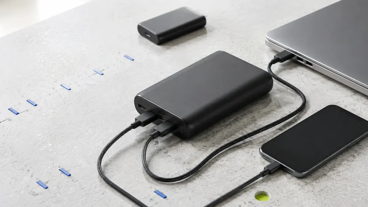 Stor nøytral powerbank som lader mobil og bærbar PC med separate USB-C-kabler