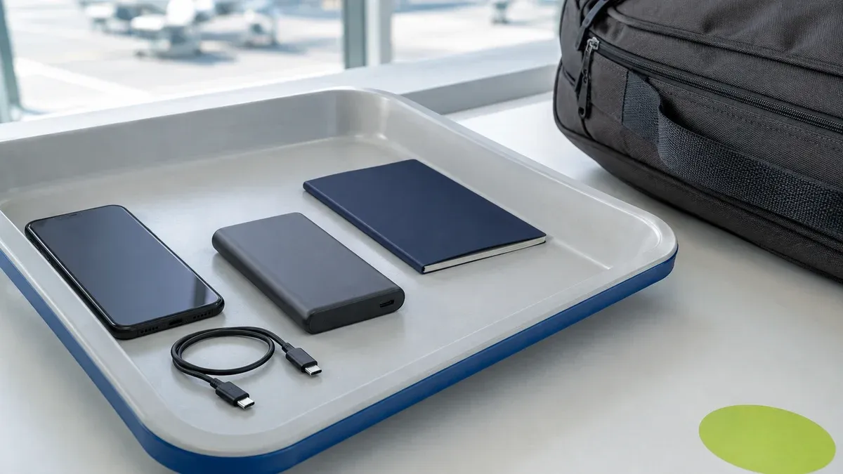 Powerbank, mobil og USB-C-kabel lagt synlig i et sikkerhetsbrett ved håndbagasje