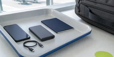 Powerbank, mobil og USB-C-kabel lagt synlig i et sikkerhetsbrett ved håndbagasje