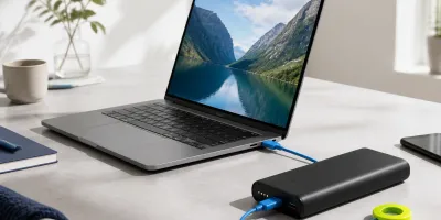 Svart powerbank koblet til laptop og mobil med blå USB-C-kabler