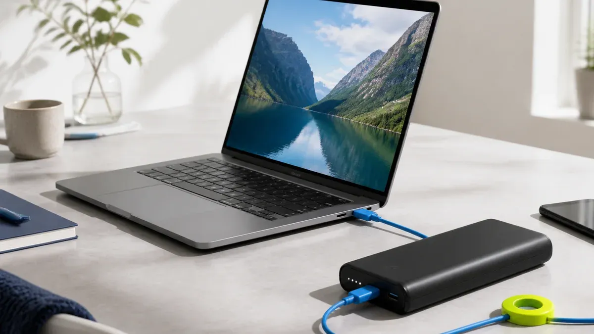 Svart powerbank koblet til laptop og mobil med blå USB-C-kabler