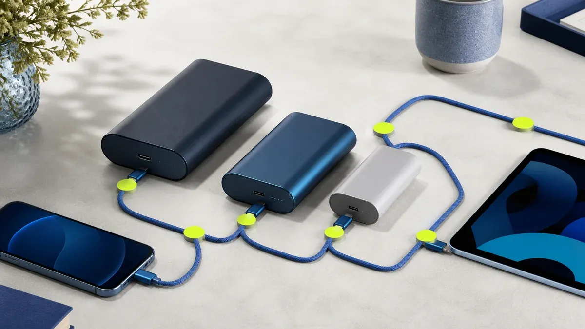 Tre powerbanker koblet til mobil og nettbrett med blå USB-C-kabler