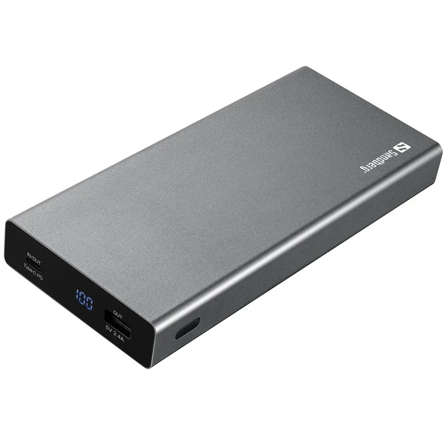Svart Sandberg powerbank med skjerm, USB-C og USB-A
