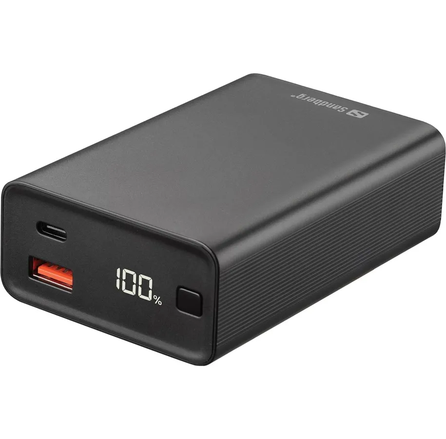 Kompakt svart Sandberg Travel powerbank med skjerm