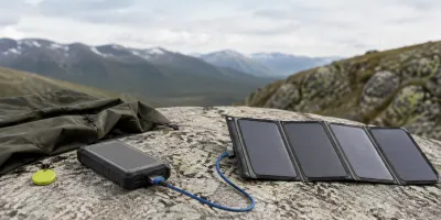 Robust powerbank koblet til et utfellbart solcellepanel på en fjellhelle