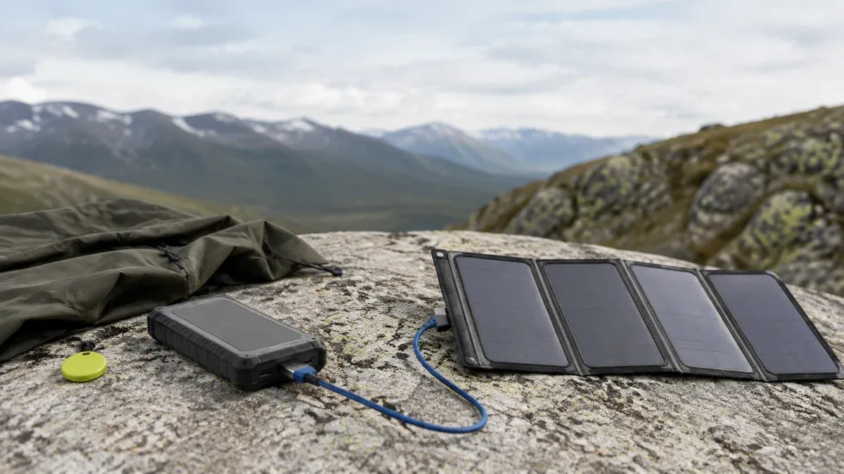 Robust powerbank koblet til et utfellbart solcellepanel på en fjellhelle