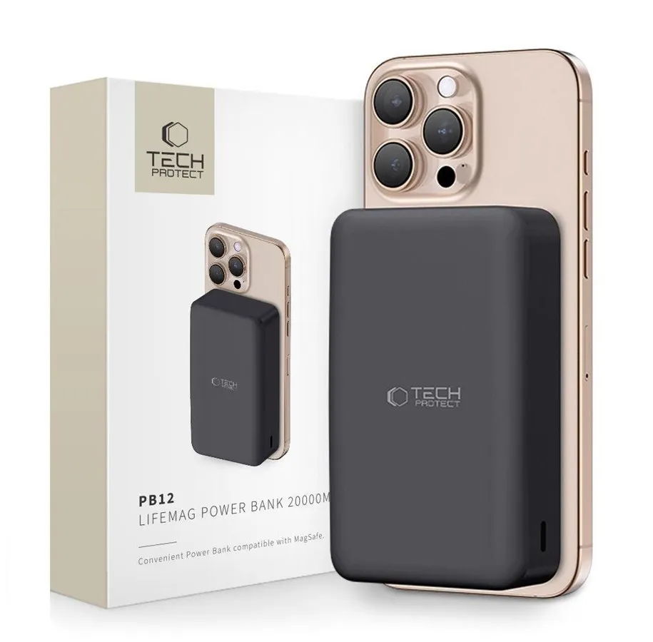 Svart Tech-Protect PB12 LifeMag powerbank på 20 000 mAh