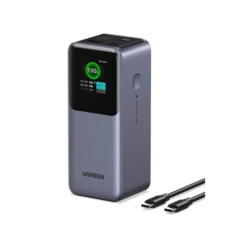 Svart UGREEN 130W powerbank med skjerm og USB-porter